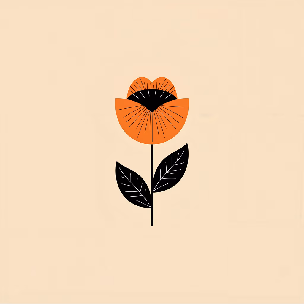 Stylized floral illustration with vibrant orange and black tones on a beige background.