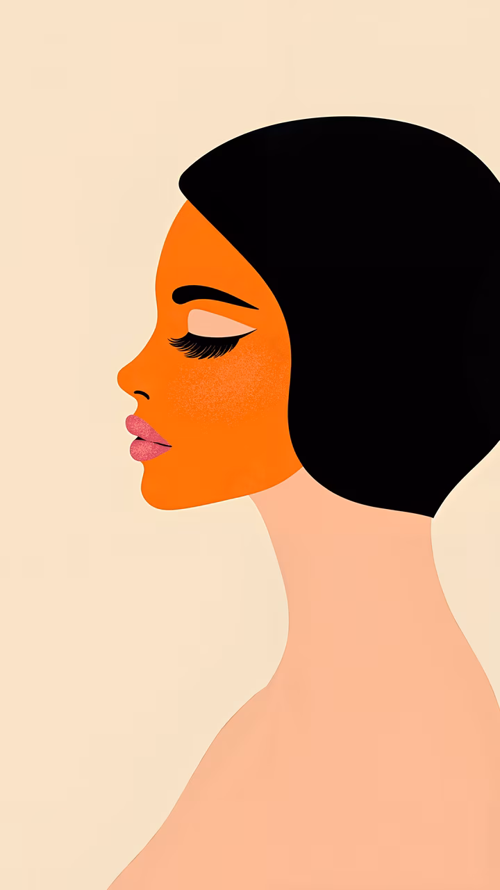 Abstract profile illustration with vibrant orange face and stark black hair on a neutral beige background.