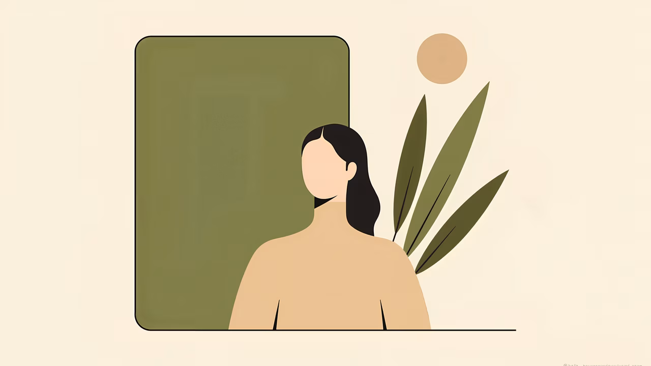 Minimalist illustration of a woman against a green wall, evoking tranquility and introspection.