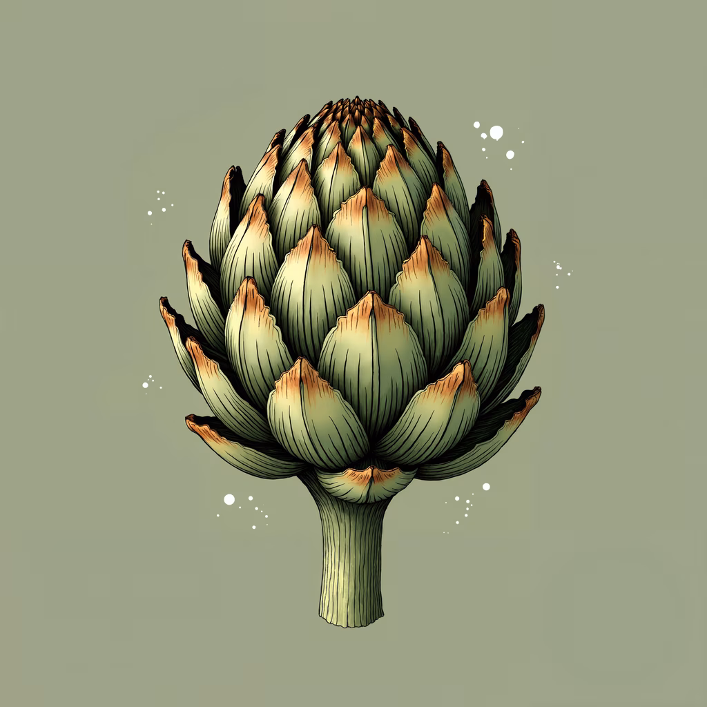Detailed artichoke illustration with vibrant greens and realistic textures.