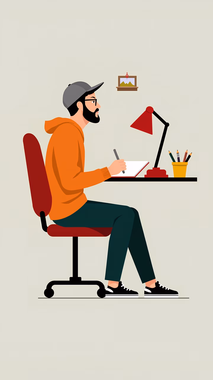 Artist focused on his work, surrounded by tools and inspiration.