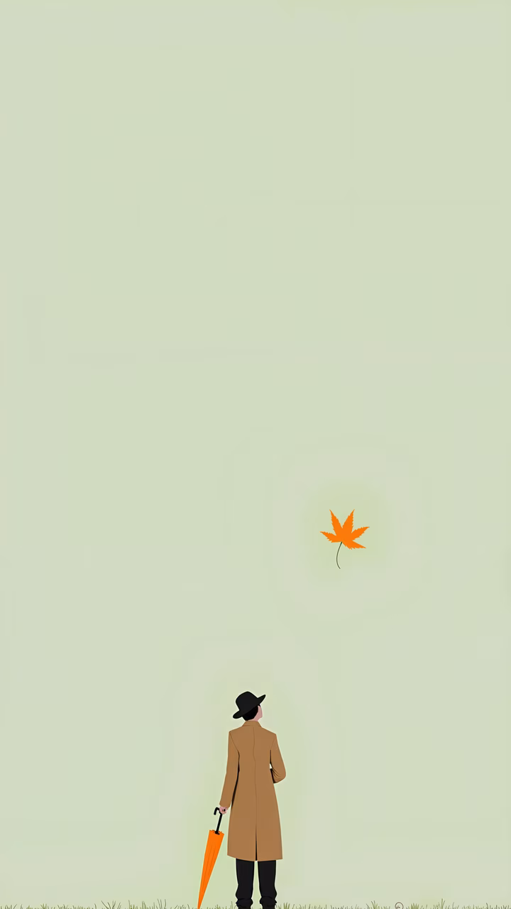 Minimalist autumn illustration featuring a lone figure and a floating leaf.