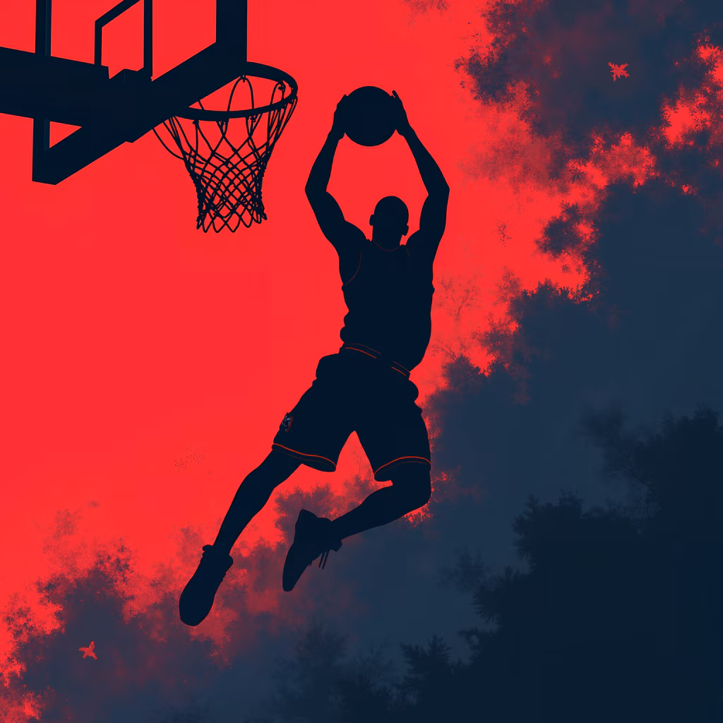 Dynamic basketball slam dunk illustration with bold colors and sharp contrasts.