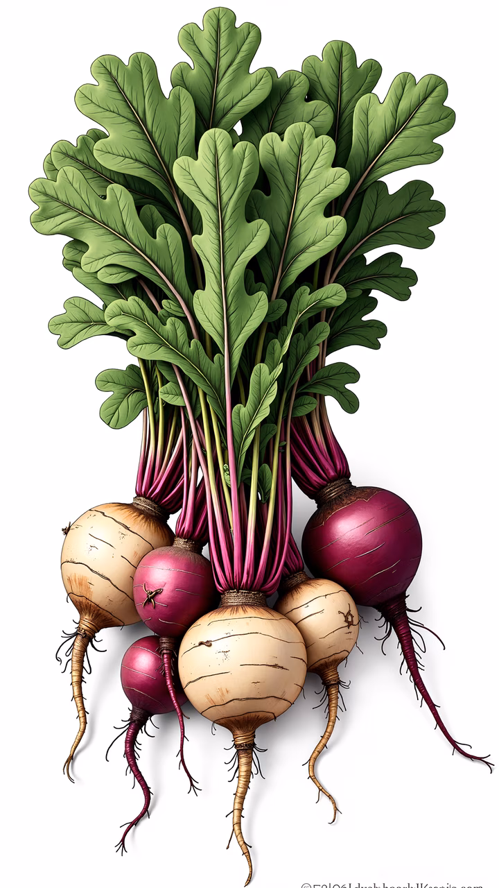 Realistic illustration of colorful beets with leafy greens, perfect for food enthusiasts and art collectors.