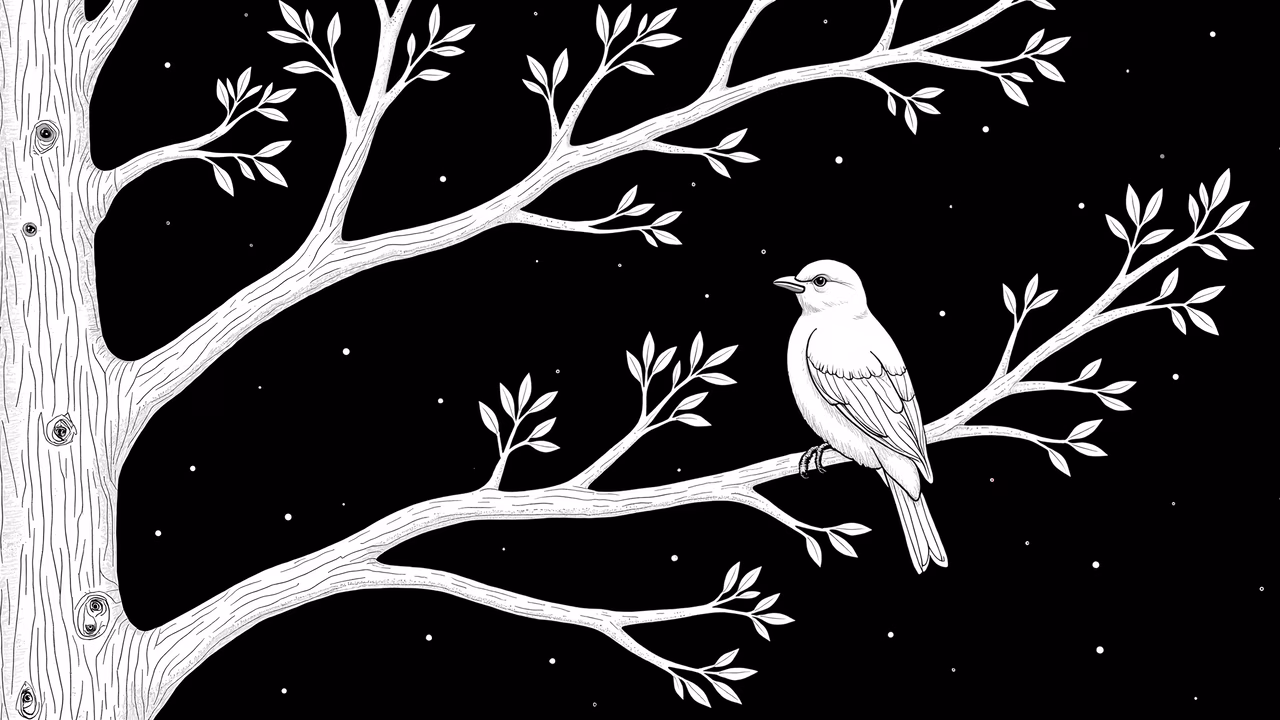A peaceful night scene featuring a bird on a branch, detailed black-and-white illustration.