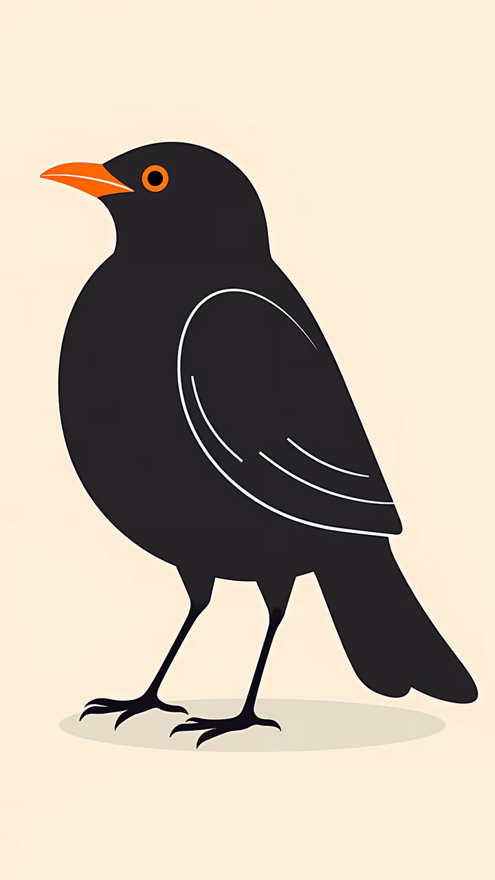 Minimalist black bird illustration with bold colors and clean lines.