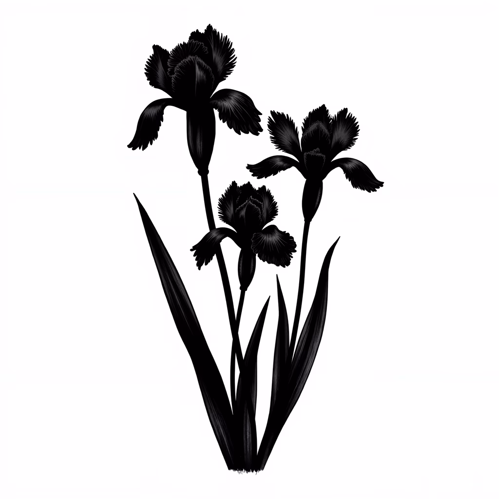Elegant black iris flowers on a white background, showcasing intricate details and sophisticated design.