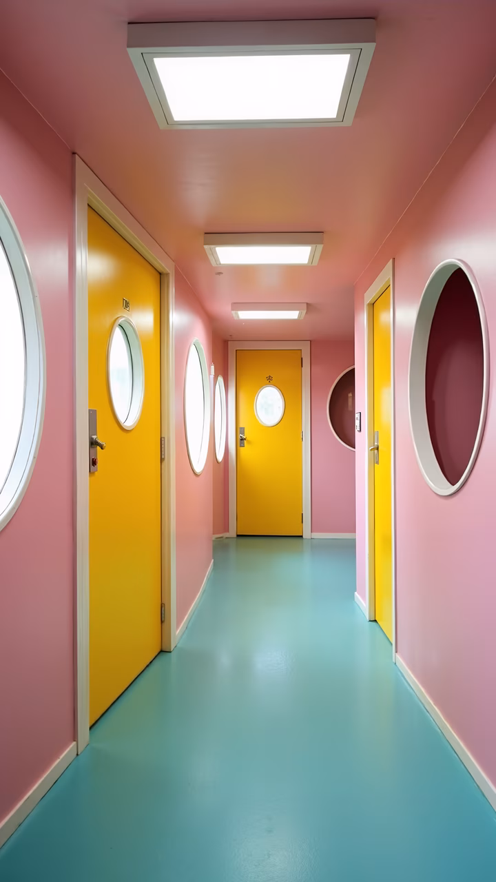 Brightly colored hallway with pink walls and yellow doors, creating a cheerful and modern atmosphere.