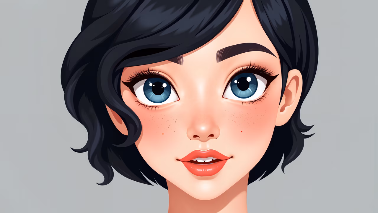Close-up portrait of a person with striking blue eyes and vibrant red lips, rendered in a soft color palette.