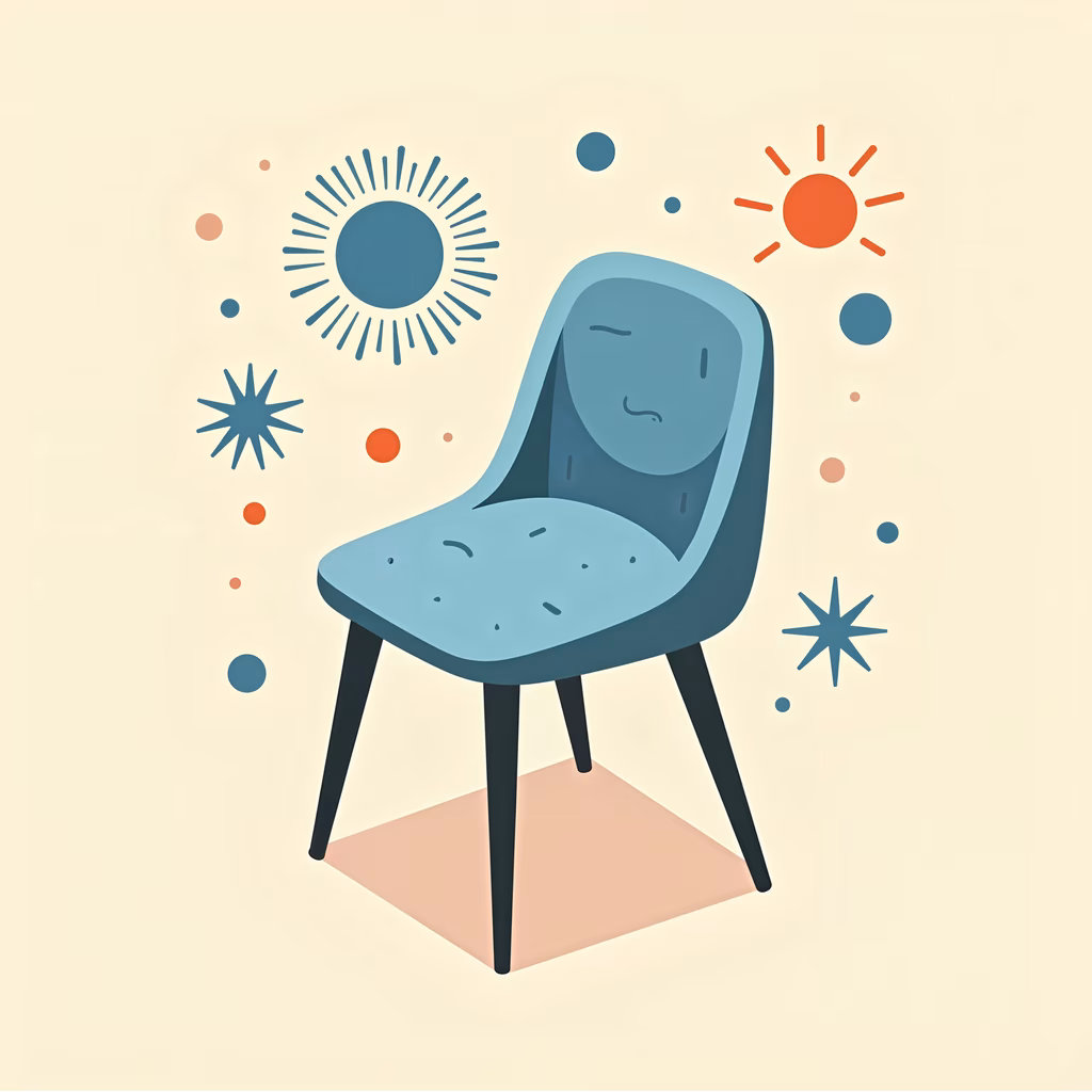 A stylish blue chair with sunbursts and geometric shapes on a beige background.