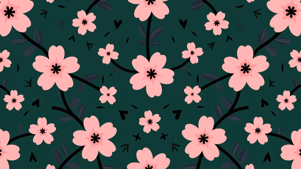 Delicate cherry blossoms on a deep green background, creating a serene and harmonious pattern.