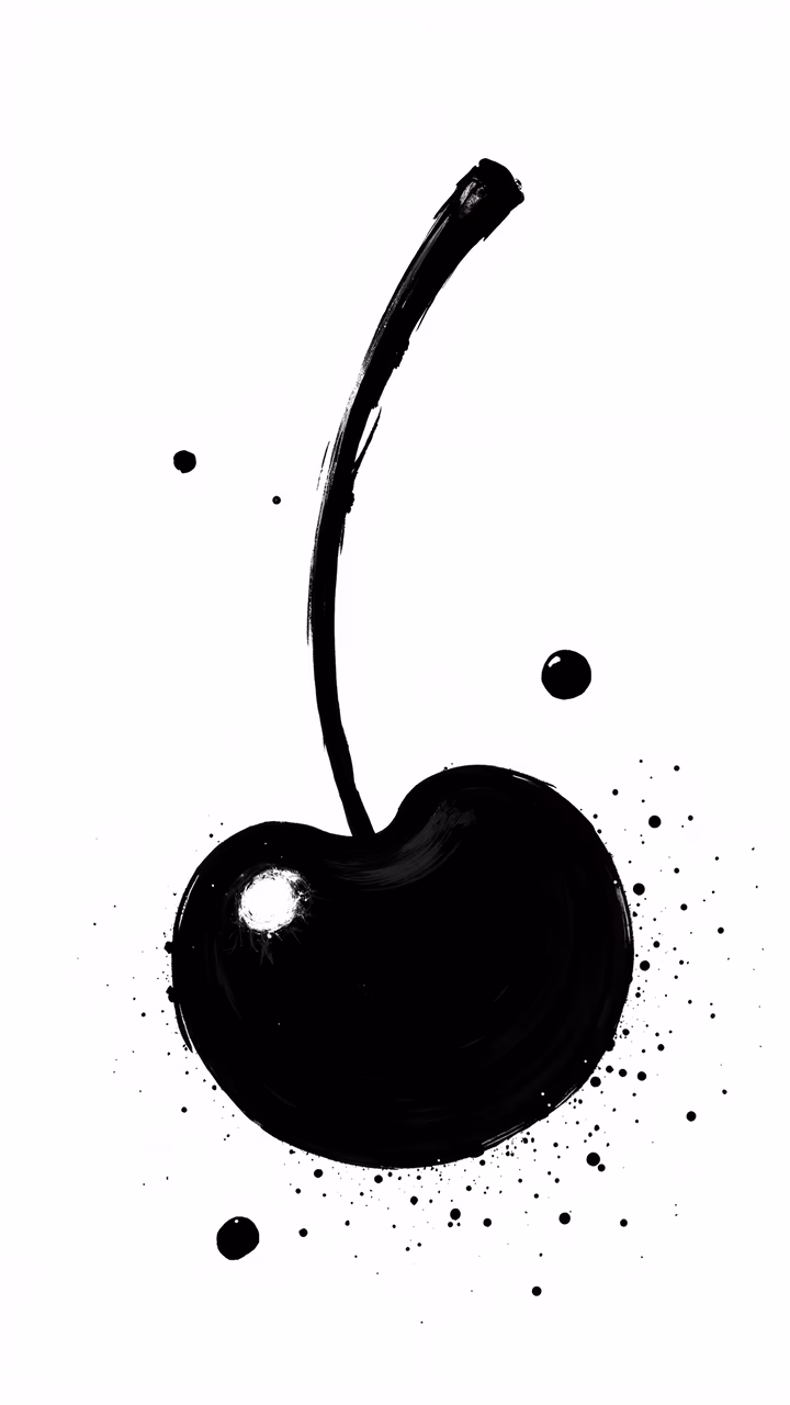 Bold black cherry illustration on white background, vibrant and energetic.