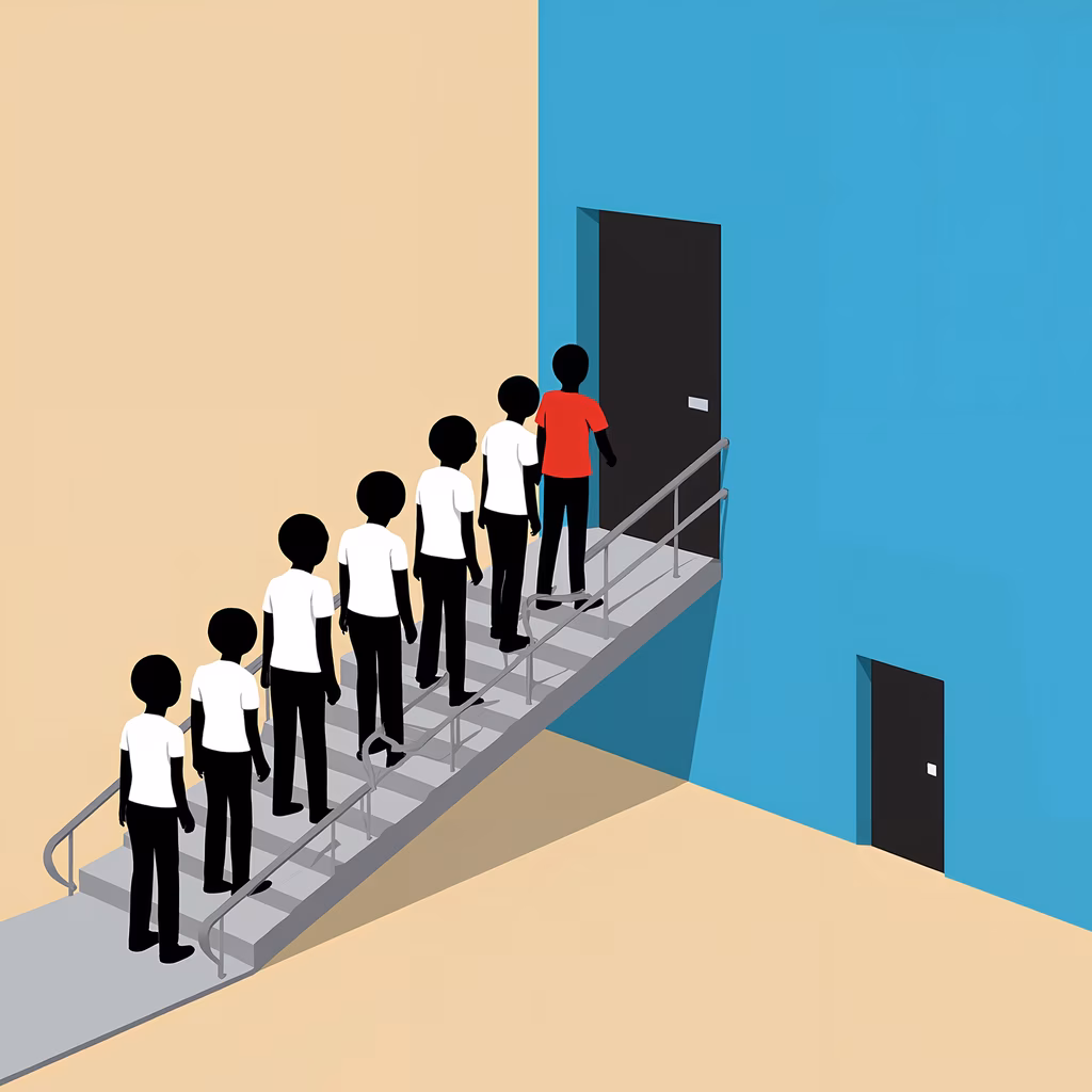 A group of children ascends a staircase, led by one in a red shirt, symbolizing unity and collective journey.