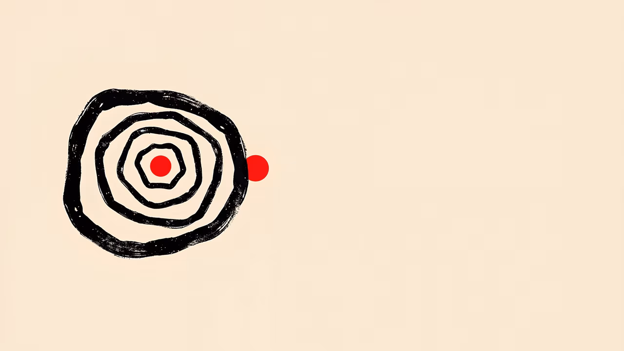 Simplistic concentric circles with bold red and black on a beige background, evoking concentration and introspection.