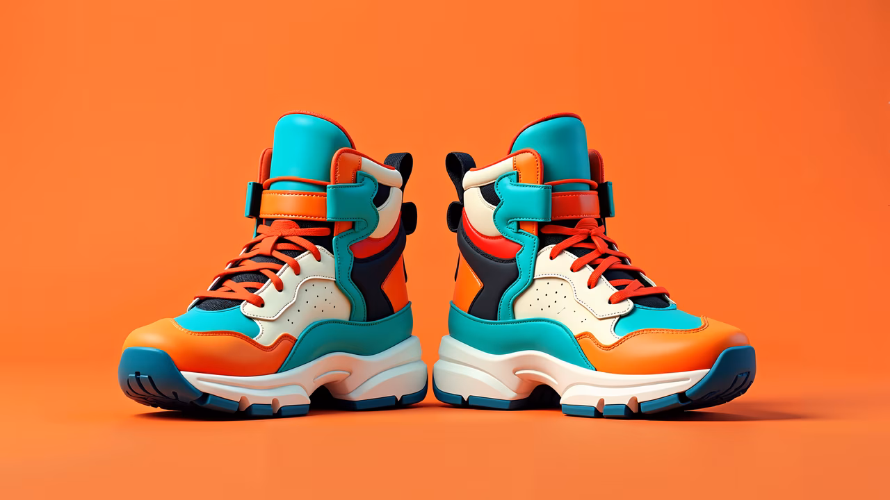 Boldly colored high-top sneakers on a vibrant orange background.