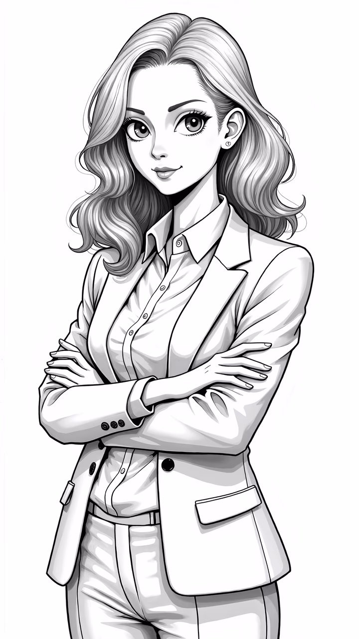 Monochrome illustration of a powerful businesswoman with crossed arms, emphasizing elegance and authority.
