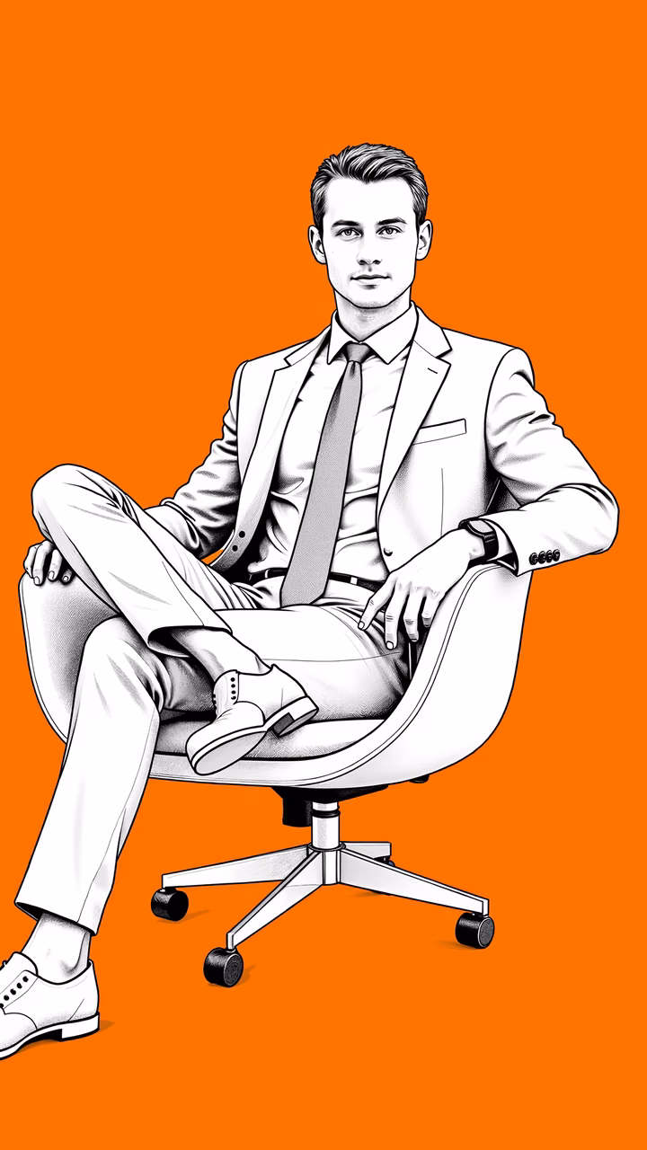 Monochrome illustration of a professional man sitting confidently in an office chair against an orange background.