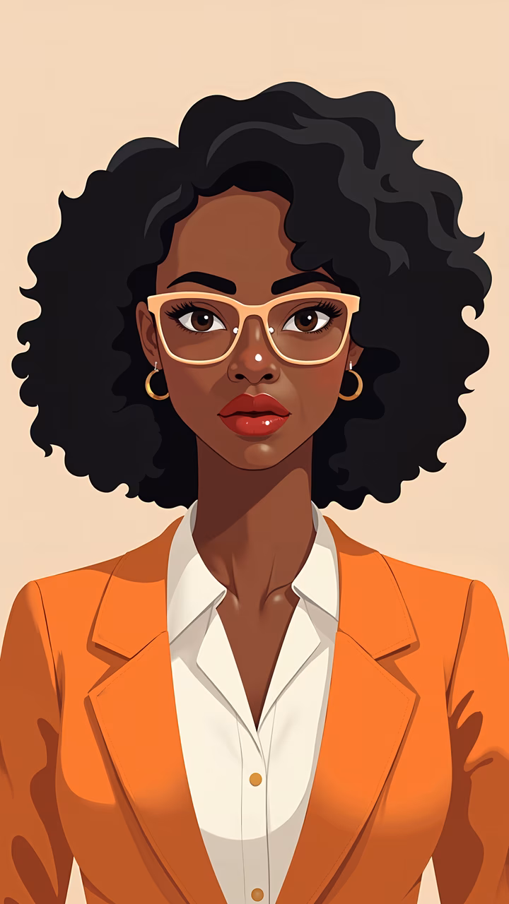 Boldly dressed woman in vibrant orange blazer, exuding confidence and professionalism.