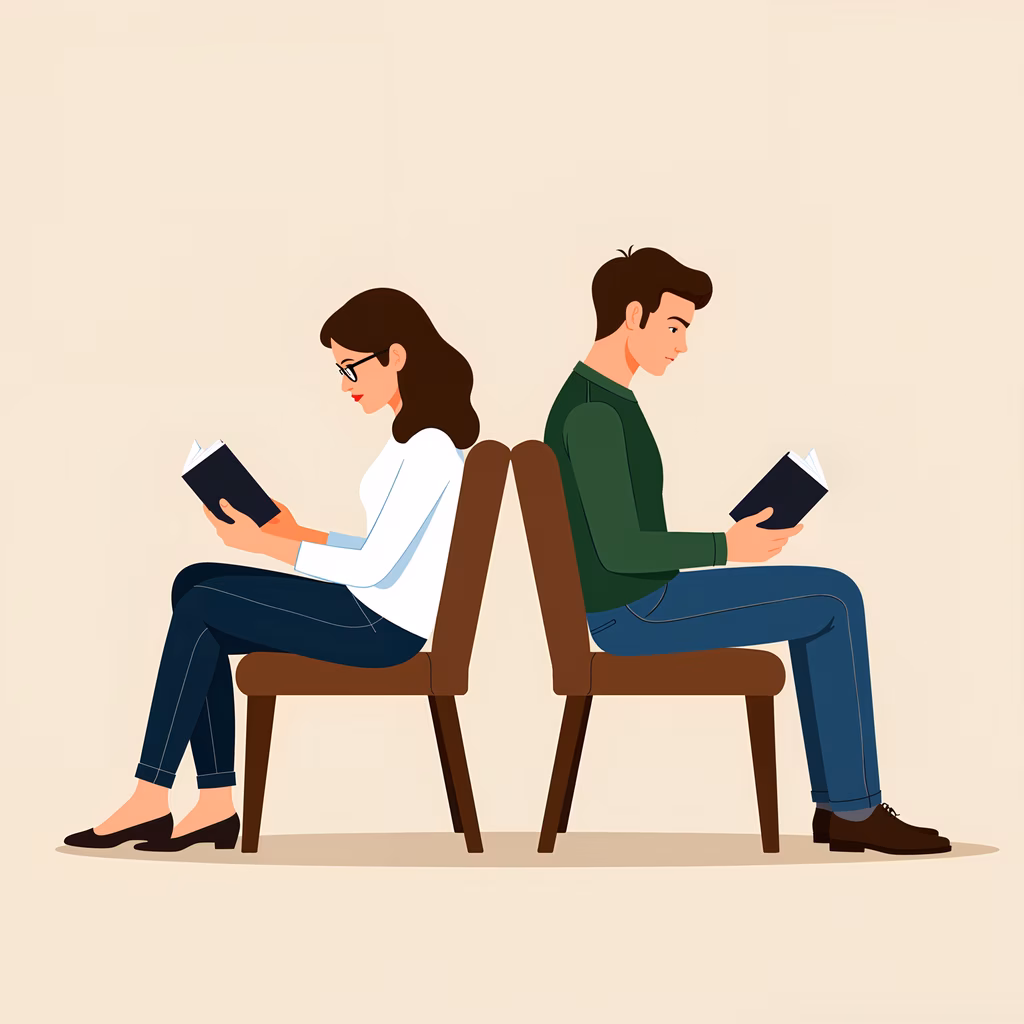 Two individuals reading books, back-to-back, in a serene setting.