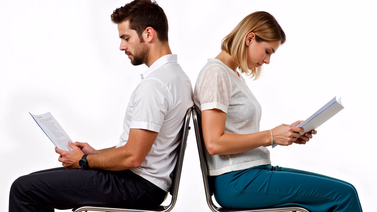 Two individuals seated back-to-back, each absorbed in their own book, symbolizing connection amidst solitude.