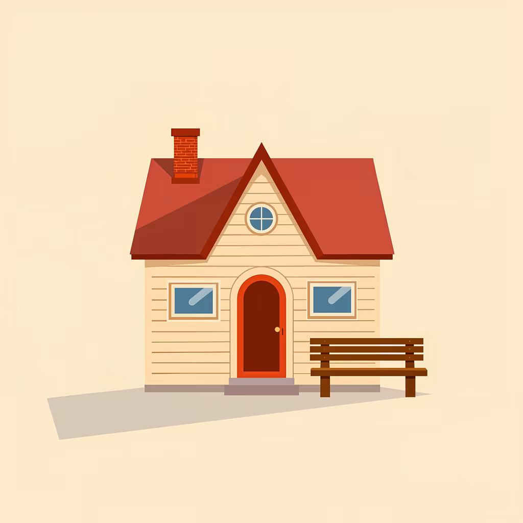 A cozy cottage with a red roof and a wooden bench, perfect for a serene setting.