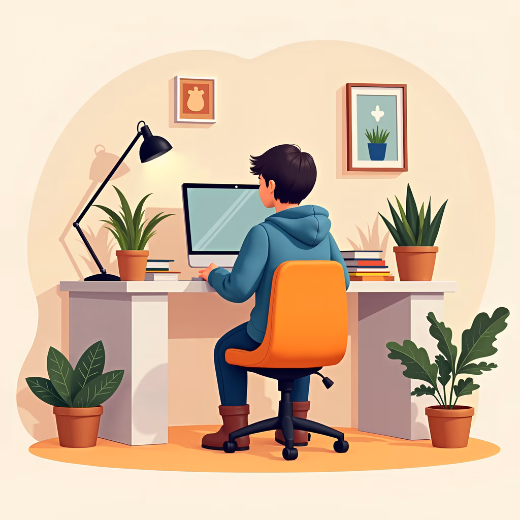 A cozy home office scene with plants and framed artwork, perfect for interior design enthusiasts.