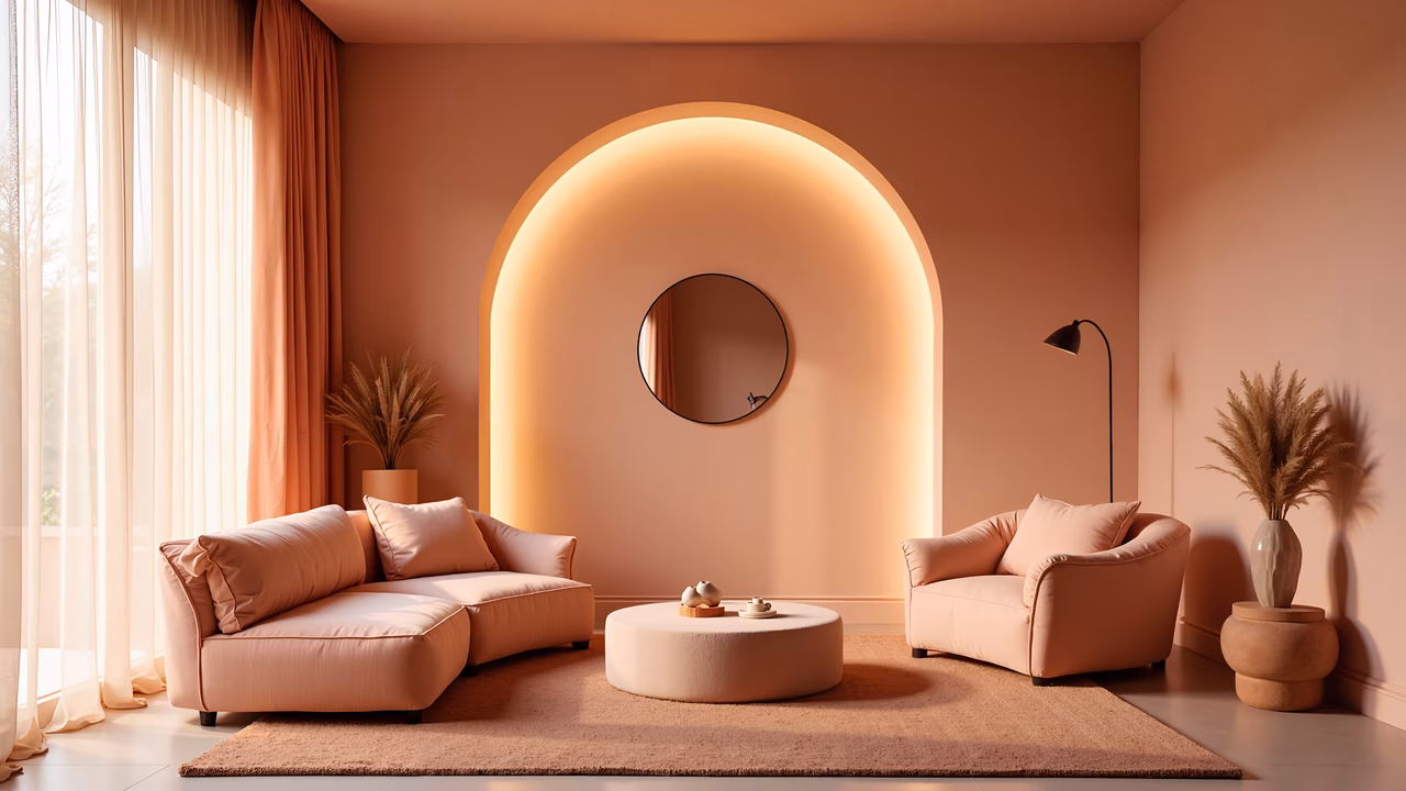 A peaceful living room with pastel colors and elegant design elements.