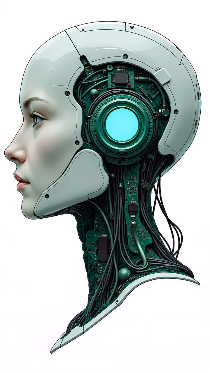 Human-like head with mechanical interior, blending organic and technological elements.