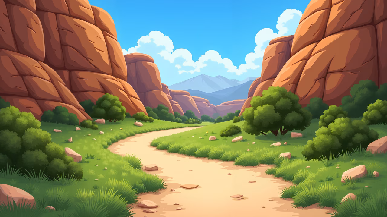 A tranquil desert path surrounded by greenery and red rocks under a clear blue sky.