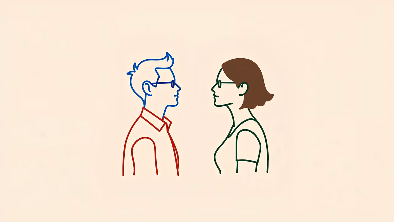Minimalist line art of two figures in profile, suggesting a dialogue or interaction.