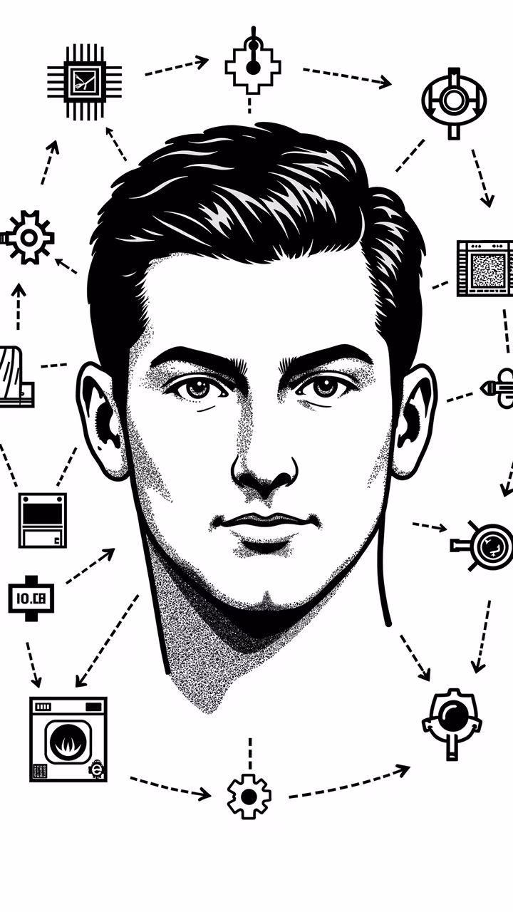 Human face intertwined with technology symbols, representing innovation and complexity.