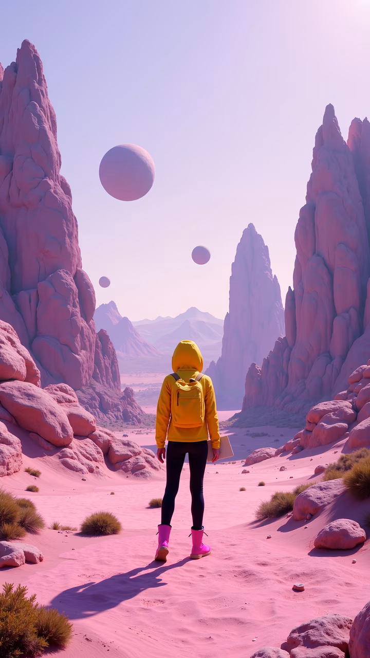 A solitary figure in a yellow hoodie amidst a fantastical pink landscape with floating spheres.