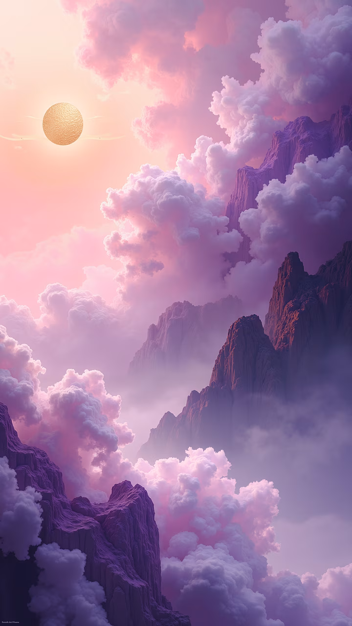 A tranquil sunset scene with majestic mountains and soft colors.