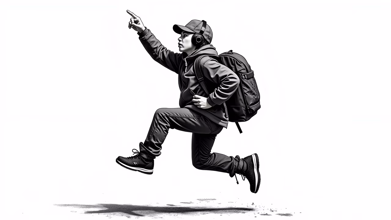 Dynamic leap of a young urban explorer in motion, monochrome illustration.
