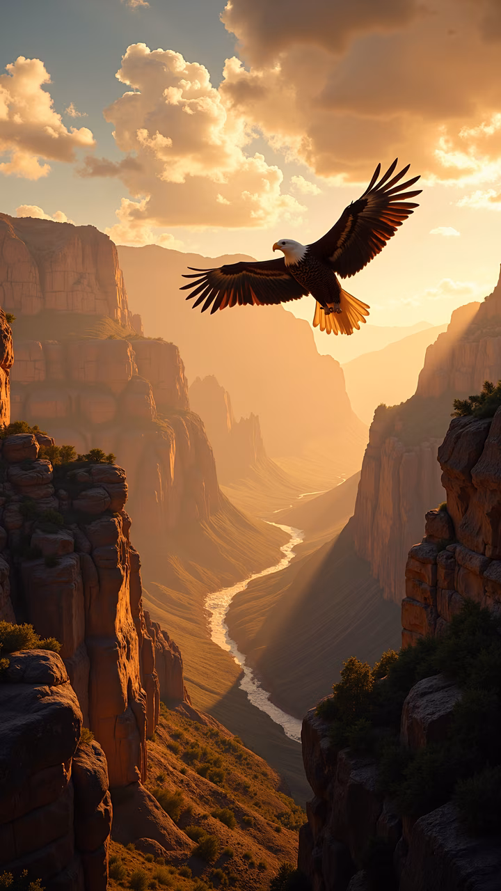 Eagle soaring over canyon at sunset, nature art, wildlife, freedom, power