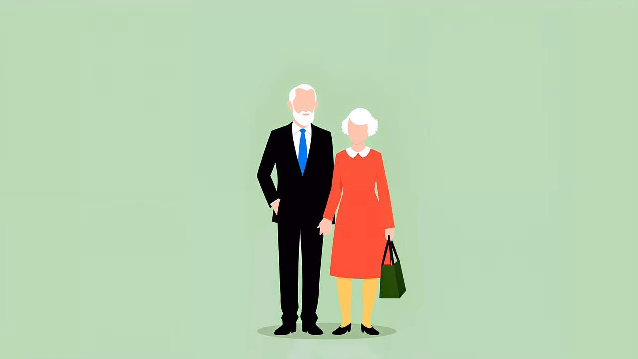A tender moment captured between an elderly couple in a simple yet elegant illustration.
