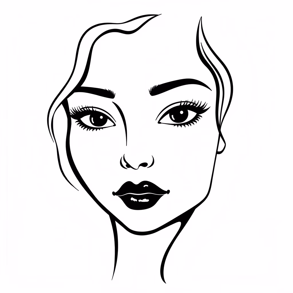 Minimalist black and white line art portrait of a woman's face, emphasizing elegance and emotion.