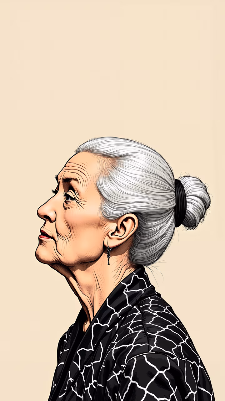 Elegant profile of an elderly woman with white hair in a bun, wearing a black textured jacket, set against a beige background.
