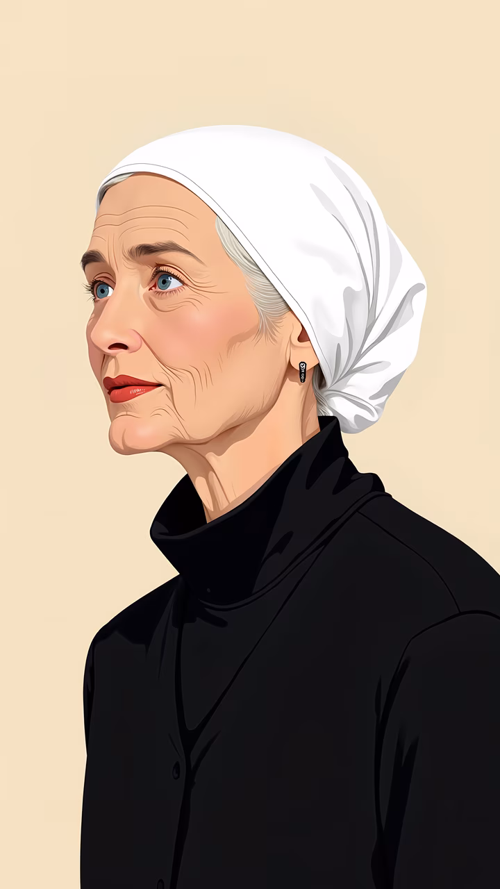 Elegant profile of an elderly woman with blue eyes and a white headscarf, set against a beige background.