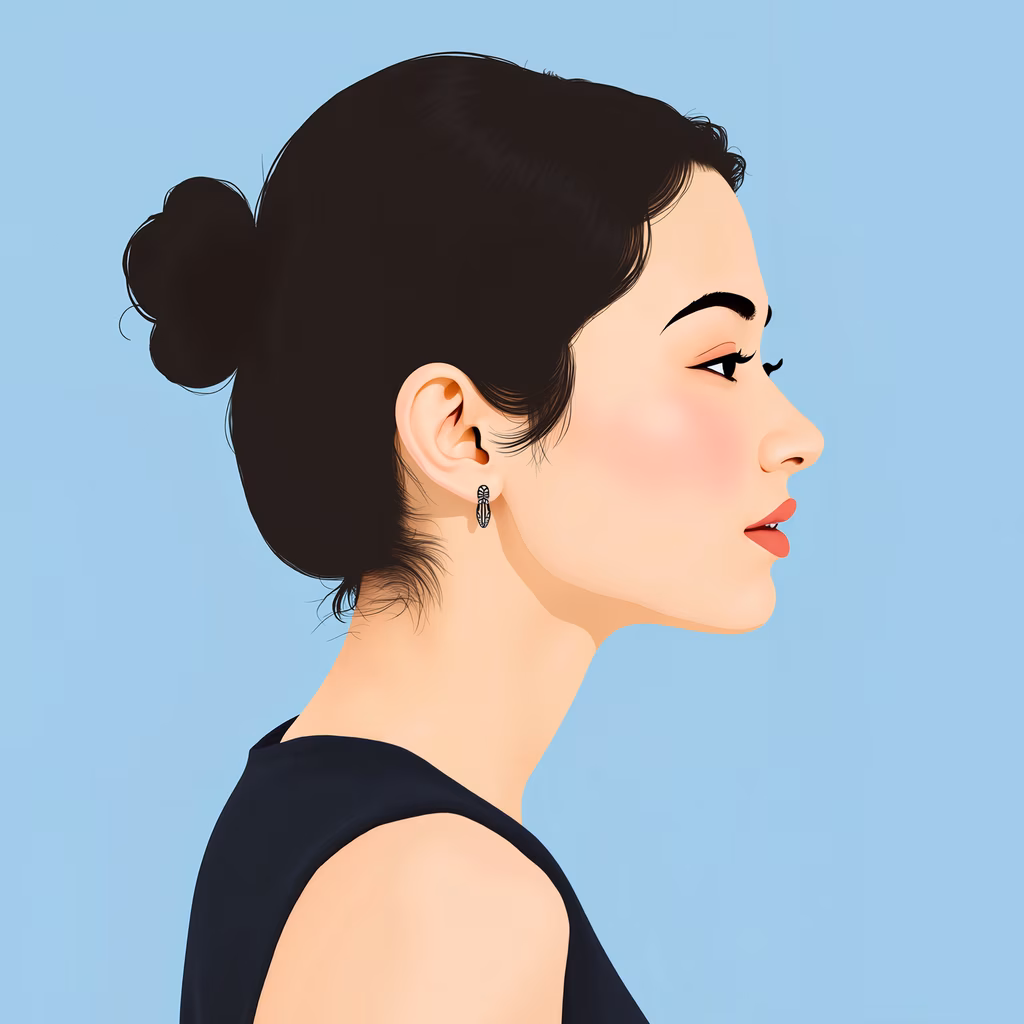 Elegant profile illustration of a woman with a bun hairstyle and black top against a soft blue backdrop.