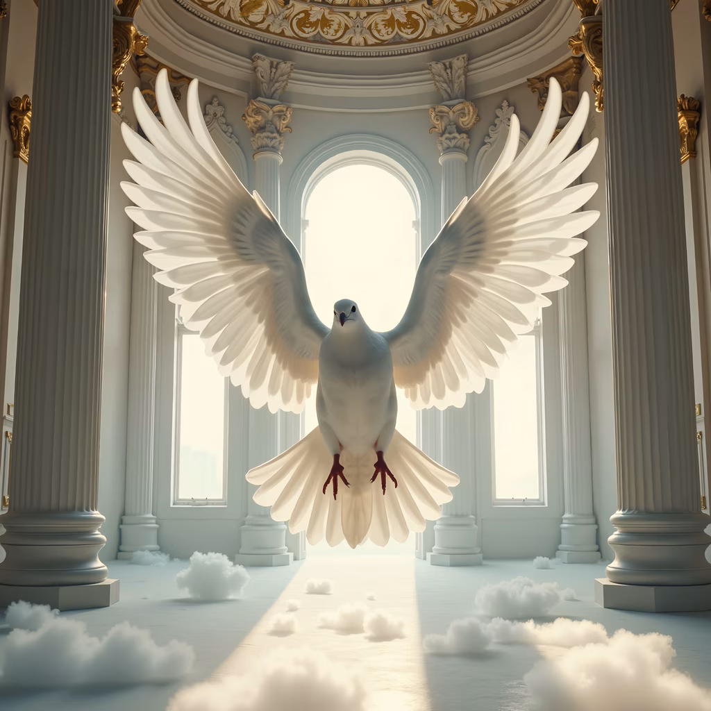 A serene white dove in a classical setting, symbolizing peace and spirituality.