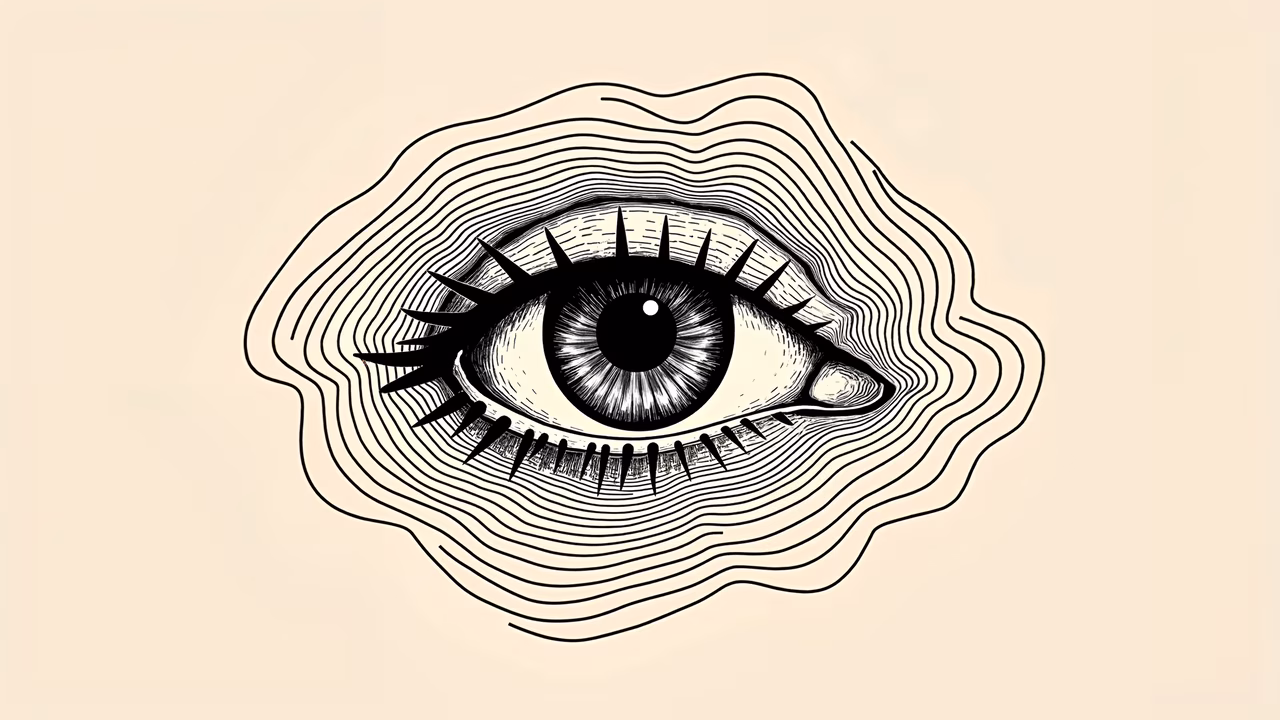 Detailed monochrome eye illustration with dramatic lashes and swirling background.