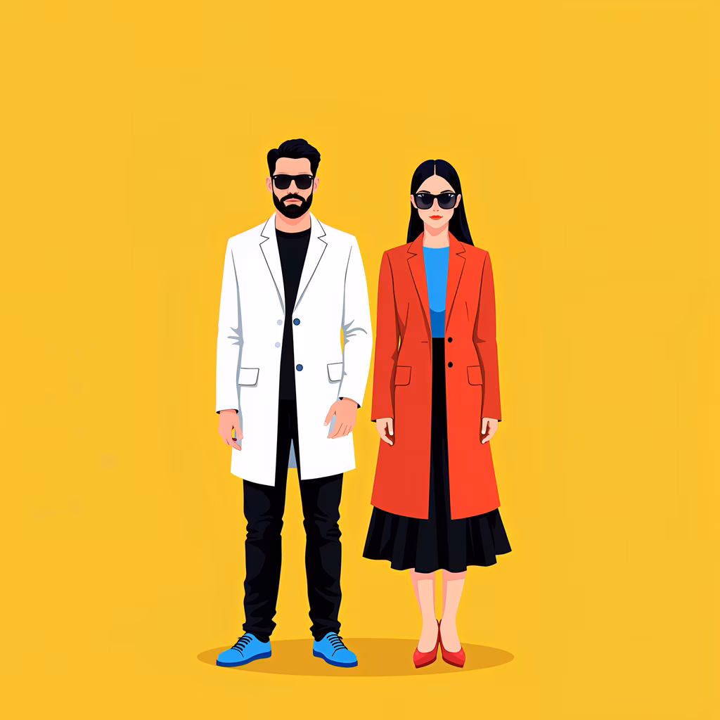 Stylish duo in contrasting outfits against a bright yellow backdrop.
