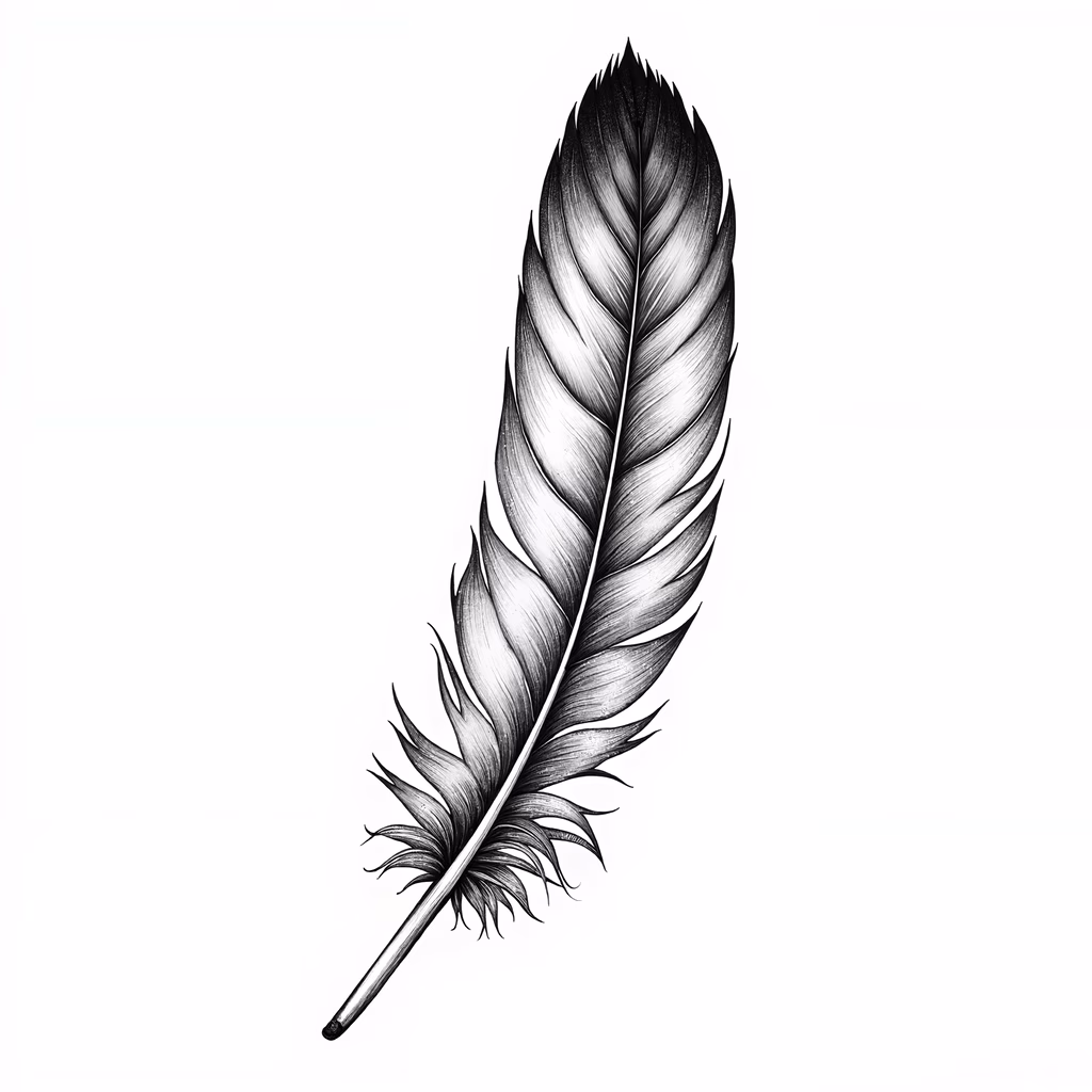 Detailed monochrome feather illustration, emphasizing texture and depth.