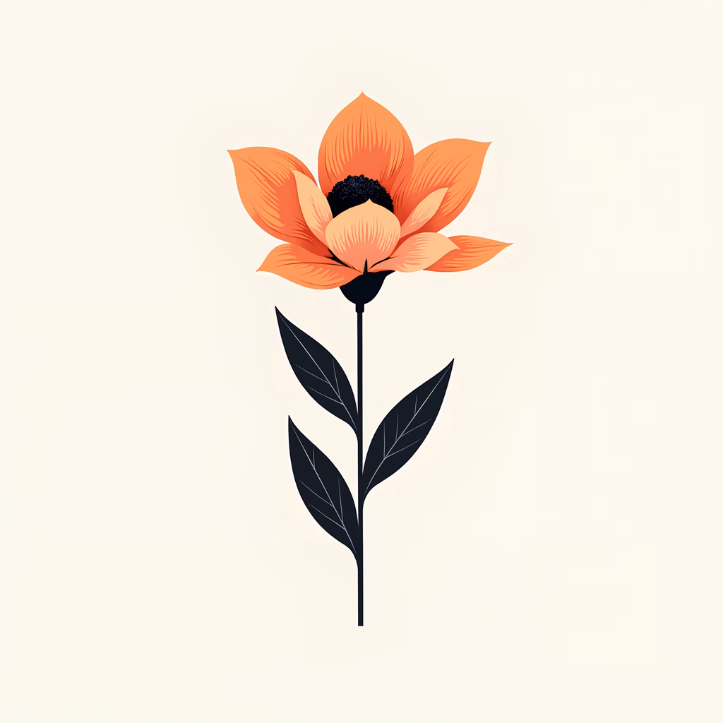Vibrant orange floral illustration with minimalist design and contrasting black elements.