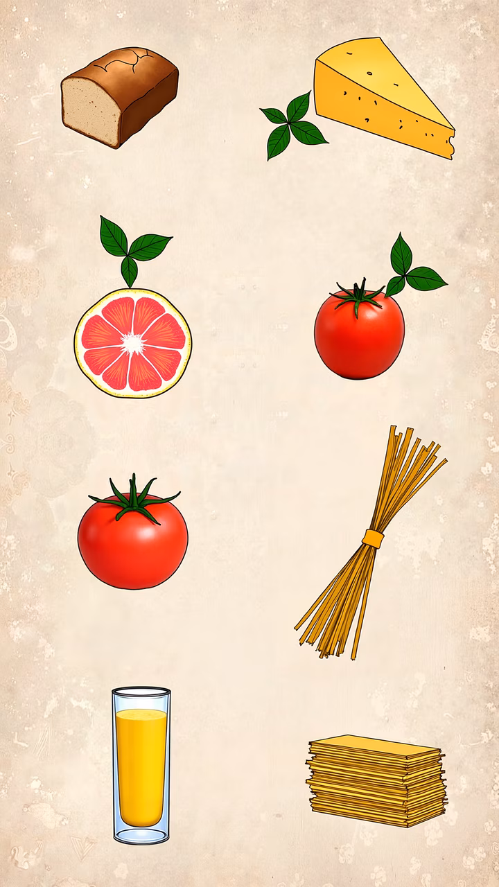 Vibrant food illustrations on a textured background.