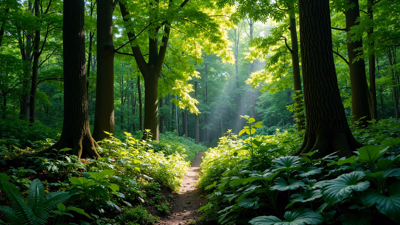 A peaceful forest path illuminated by natural light, surrounded by lush greenery.