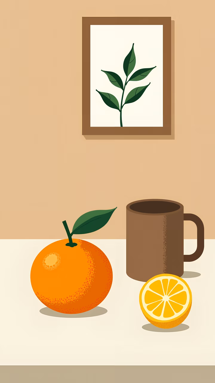 A charming still life with oranges, lemon, and a mug, framed by natural greenery.