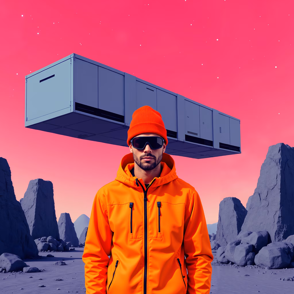 Vibrant orange attire meets futuristic architecture in a surreal landscape.