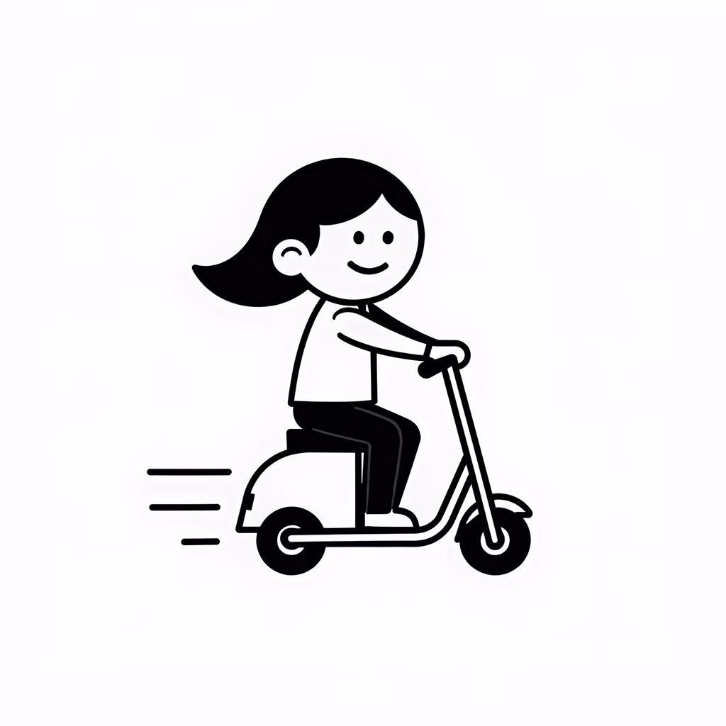 Minimalistic illustration of a happy girl riding a scooter.